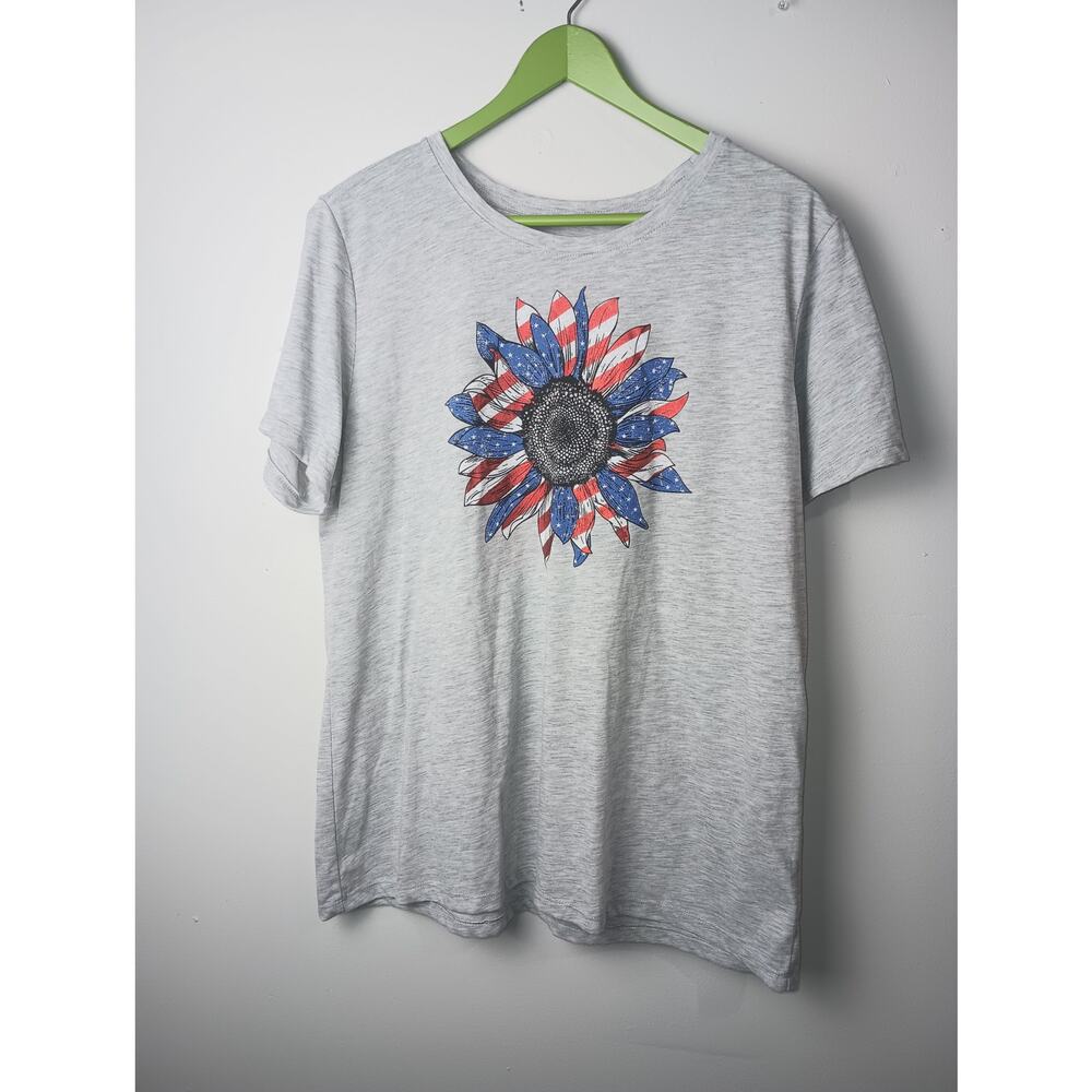 Women's American Flag Sunflower Gray T-Shirt Short Sleeve Women‎ XL Holiday